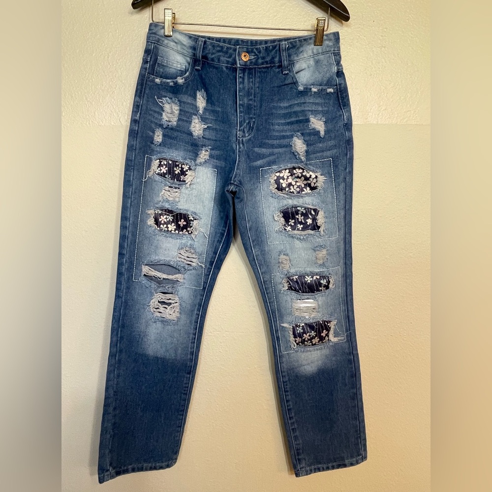 Distressed Blue Jeans with Floral Patches women’s Medium